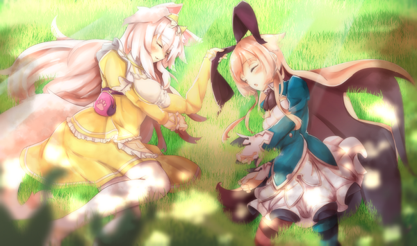 Anime picture 1500x888 with alice in wonderland alice (wonderland) uta miku long hair blush fringe breasts open mouth light erotic blonde hair wide image twintails multiple girls holding animal ears bent knee (knees) lying barefoot sunlight bunny girl