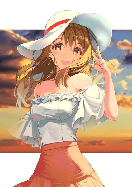 Anime picture 2894x4093 with love live! sunshine!! sunrise (studio) love live! kunikida hanamaru siro joon single long hair tall image looking at viewer blush fringe highres breasts open mouth brown hair large breasts bare shoulders brown eyes sky cloud (clouds)