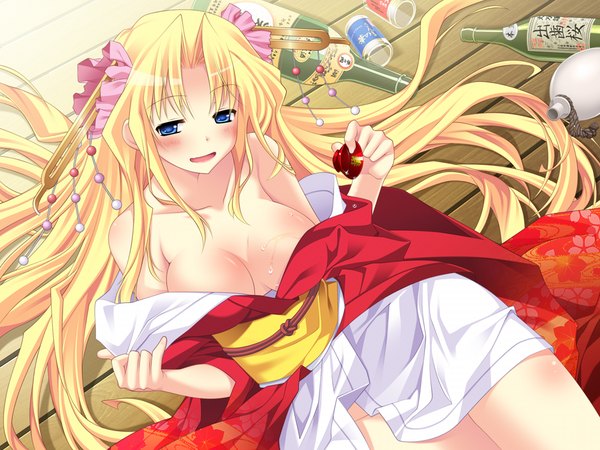 Anime picture 1024x768 with a.g.ii.d.c. long hair blush breasts blue eyes light erotic blonde hair game cg girl alcohol yukata sake sakazuki