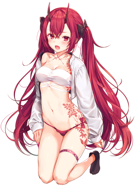 Anime picture 1124x1568 with original komeshiro kasu single long hair tall image looking at viewer blush fringe breasts open mouth light erotic simple background hair between eyes red eyes white background twintails payot cleavage full body red hair