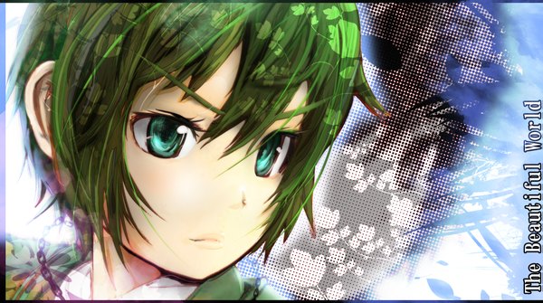 Anime picture 1919x1074 with kino no tabi kino (kino no tabi) acid (pixiv) single fringe highres short hair wide image green eyes payot looking away aqua eyes green hair border portrait close-up face girl