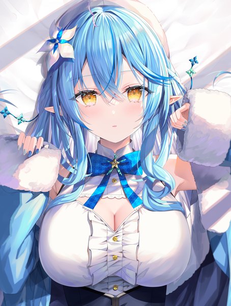 Anime picture 1316x1739 with virtual youtuber hololive yukihana lamy yukihana lamy (1st costume) rin yuu single long hair tall image looking at viewer blush fringe breasts open mouth hair between eyes large breasts yellow eyes blue hair cleavage upper body ahoge