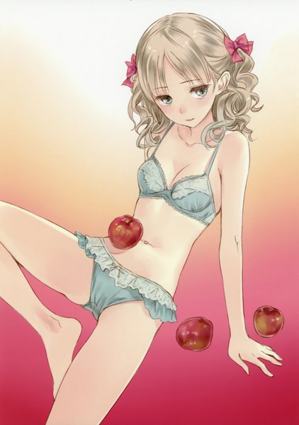 Anime picture 2461x3499 with fruits gift (artbook) kishida mel single tall image blush highres short hair blue eyes light erotic blonde hair bent knee (knees) barefoot arm support bare legs two side up embarrassed underwear only wavy hair girl underwear