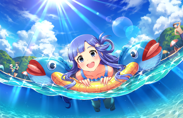 Anime picture 1280x824 with idolmaster idolmaster cinderella girls idolmaster cinderella girls starlight stage asari nanami annindoufu (oicon) long hair looking at viewer blush open mouth smile purple eyes sky purple hair cloud (clouds) head tilt :d sparkle solo focus hair rings afloat