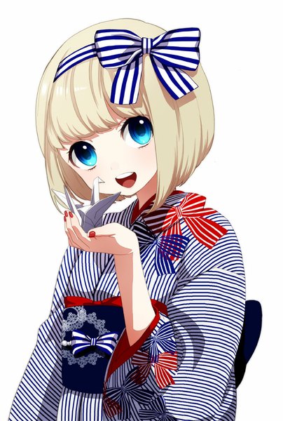 Anime picture 674x1000 with original musco single tall image looking at viewer blush fringe short hair open mouth blue eyes simple background blonde hair smile white background nail polish traditional clothes japanese clothes teeth striped girl