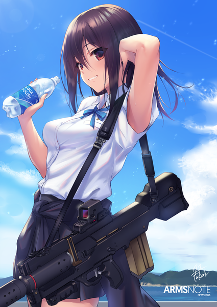 Anime picture 800x1130 with arms note bionic joshikousei (fukai ryousuke) fukai ryosuke single long hair tall image looking at viewer fringe breasts smile hair between eyes red eyes brown hair standing holding signed sky cloud (clouds) outdoors parted lips