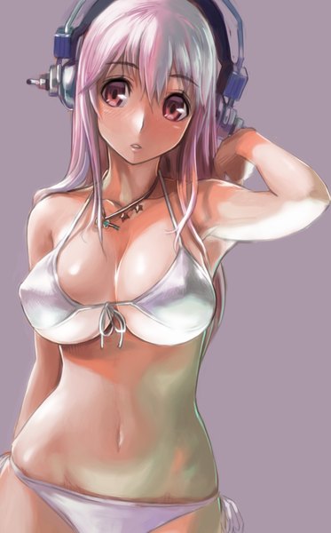 Anime picture 934x1500 with nitroplus super sonico utu (pixiv 70372) single long hair tall image looking at viewer blush breasts light erotic simple background red eyes large breasts pink hair cleavage bare belly girl navel swimsuit bikini
