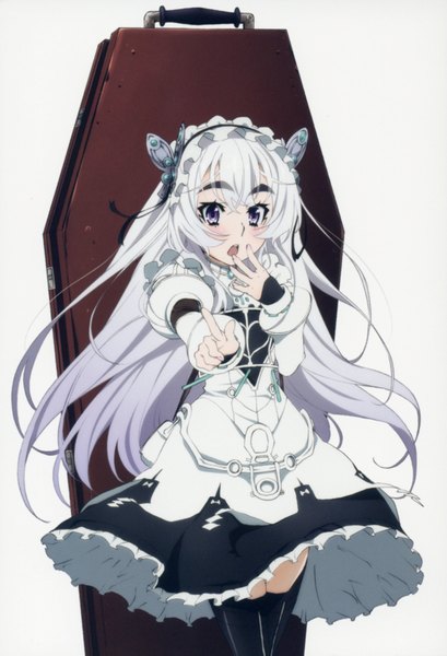 Anime picture 2367x3469 with hitsugi no chaika studio bones chaika trabant single long hair tall image blush highres open mouth white background purple eyes white hair scan girl thighhighs dress hair ornament black thighhighs headdress butterfly hair ornament