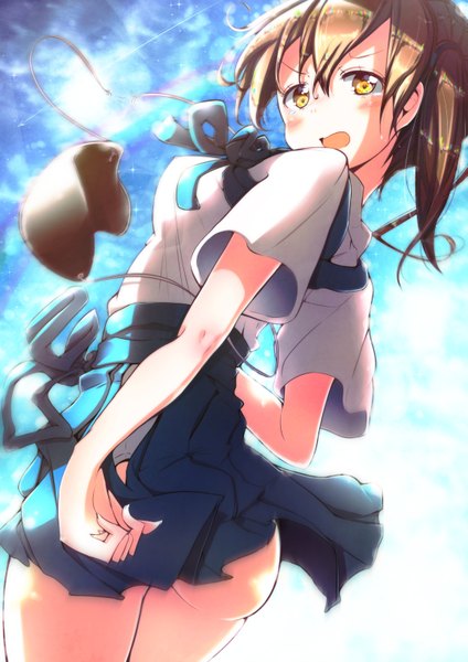 Anime picture 1157x1637 with kantai collection kaga aircraft carrier koukii single tall image blush short hair open mouth light erotic brown hair yellow eyes sky ass ponytail traditional clothes japanese clothes pleated skirt looking back from behind sunlight