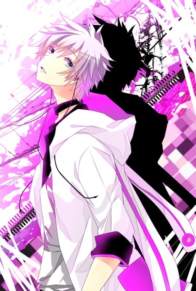 Anime picture 867x1285 with original rainy4024 single tall image fringe short hair open mouth purple eyes looking away silver hair upper body shadow boy choker headphones hood hoodie power lines