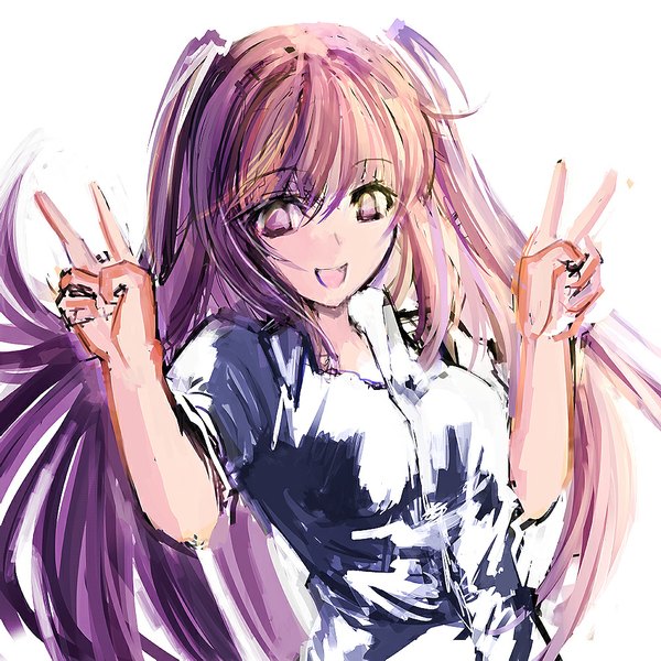 Anime picture 1000x1000 with touhou himekaidou hatate mark (abenyugu) single long hair open mouth simple background smile white background pink hair pink eyes victory girl shirt