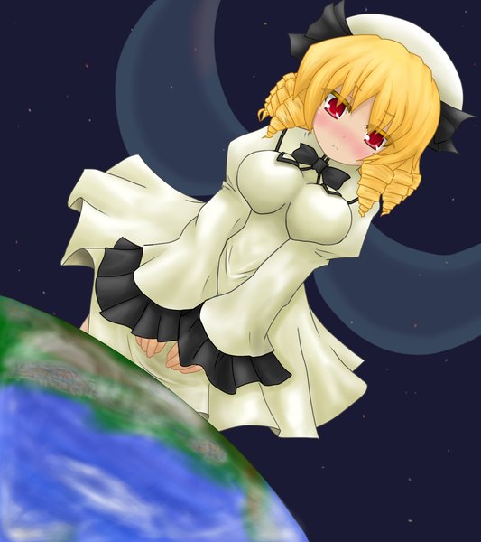 Anime picture 2000x2250 with touhou luna child dautsen (artist) single tall image blush highres short hair blonde hair red eyes drill hair space giant girl dress bow wings bowtie earth