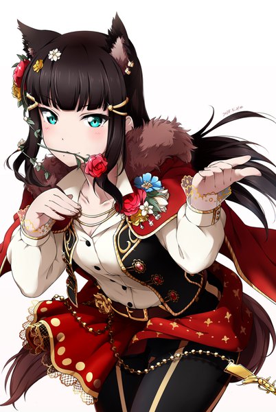 Anime picture 1300x1940 with love live! sunshine!! sunrise (studio) love live! kurosawa dia shiimai single long hair tall image looking at viewer blush black hair simple background white background holding animal ears hair flower aqua eyes mouth hold kemonomimi mode girl