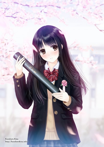 Anime picture 707x1000 with original kazuharu kina single long hair tall image blush black hair brown eyes looking away cherry blossoms watermark plaid skirt graduation girl skirt uniform plant (plants) school uniform miniskirt shirt