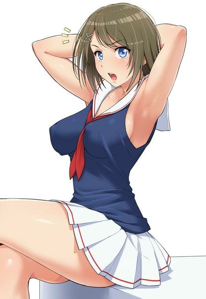 Anime picture 761x1100 with kantai collection takao heavy cruiser nigou single tall image looking at viewer blush short hair breasts open mouth blue eyes light erotic simple background brown hair white background sitting pleated skirt no bra armpit (armpits) erect nipples