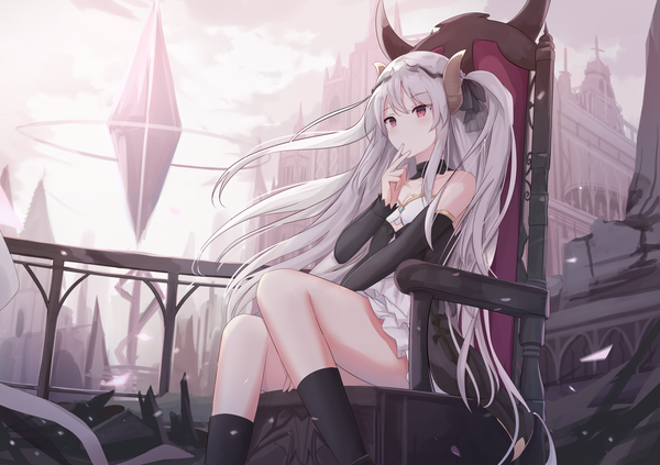 Anime picture 2508x1771 with original touhourh single long hair blush fringe highres hair between eyes red eyes sitting bare shoulders looking away sky cleavage cloud (clouds) outdoors long sleeves horn (horns) wind grey hair