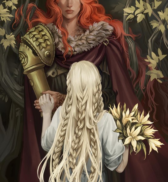 Anime picture 1920x2077 with elden ring malenia blade of miquella miquella (elden ring) mispellaneous long hair tall image highres blonde hair red hair braid (braids) from behind siblings head out of frame twins girl boy flower (flowers) cape prosthesis