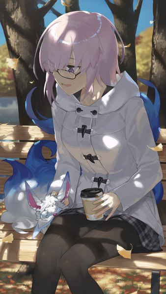Anime picture 640x1136 with fate (series) fate/grand order mash kyrielight fou (fate) hayashi kewi single tall image fringe short hair open mouth sitting purple eyes holding pink hair sky outdoors sunlight hair over one eye shadow official alternate costume