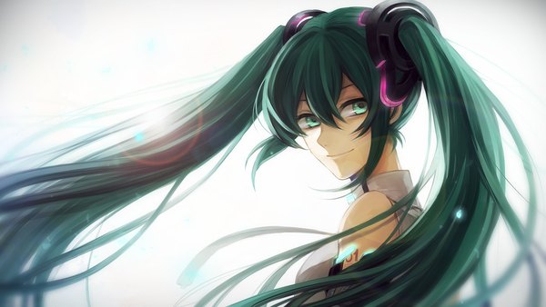 Anime picture 3000x1690 with vocaloid vocaloid append hatsune miku hatsune miku (append) sumi (38page) single long hair fringe highres simple background smile hair between eyes wide image white background twintails bare shoulders green eyes looking away upper body green hair
