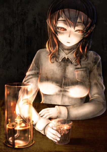 Anime picture 2480x3507 with original sai-caster (artist) single tall image looking at viewer highres short hair brown hair brown eyes shadow girl shirt lamp glass