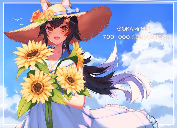 Anime-Bild 4752x3420 mit virtual youtuber hololive ookami mio inre kemomimi single long hair looking at viewer highres open mouth black hair animal ears yellow eyes absurdres sky cloud (clouds) :d character names low ponytail framed wolf ears