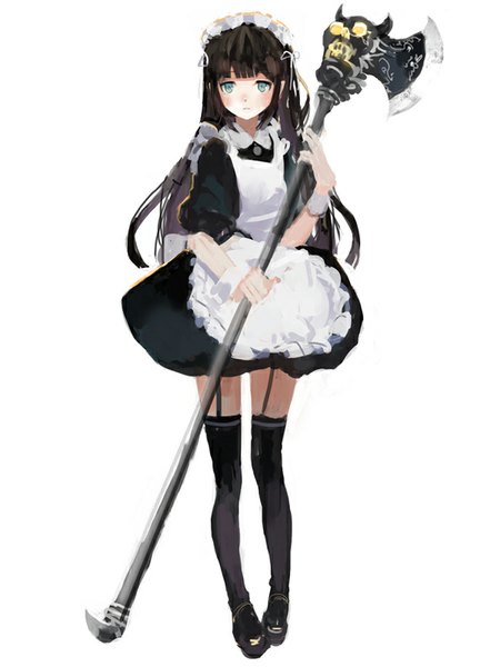 Anime picture 600x800 with original korera single long hair tall image blush fringe black hair smile standing holding horn (horns) aqua eyes maid light girl thighhighs dress uniform weapon