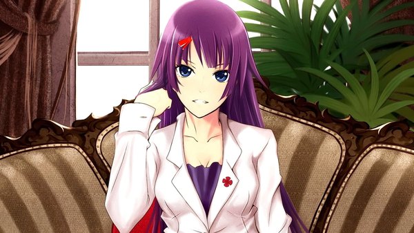 Anime picture 1920x1080 with bakemonogatari shaft (studio) monogatari (series) senjougahara hitagi illusionk single long hair looking at viewer fringe highres breasts open mouth blue eyes smile wide image purple hair indoors blunt bangs long sleeves head tilt