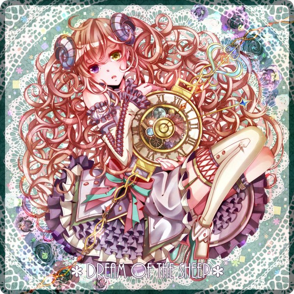 Anime picture 1500x1500 with original nou single long hair blush open mouth brown hair bare shoulders horn (horns) inscription heterochromia wavy hair framed girl detached sleeves clock