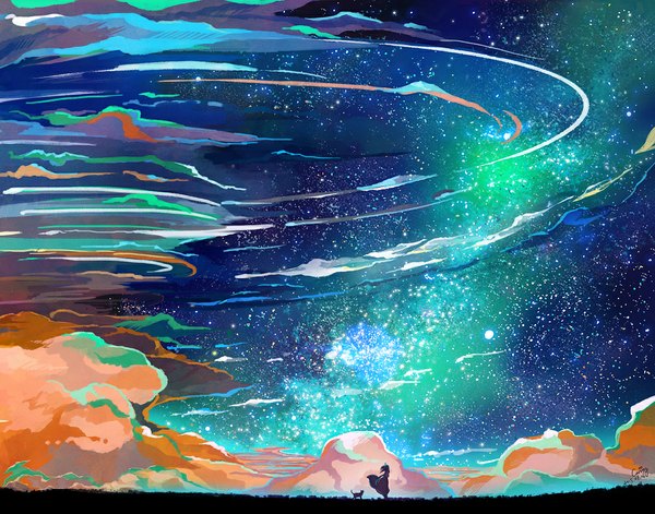 Anime picture 1100x864 with original caring long hair standing cloud (clouds) wind constellation milky way girl plant (plants) animal star (stars) cat grass
