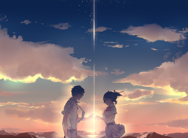 Anime picture 1260x924 with kimi no na wa miyamizu mitsuha tachibana taki or i tall image short hair black hair standing looking away sky cloud (clouds) full body profile pleated skirt wind outstretched arm face to face skirt flip shooting star girl
