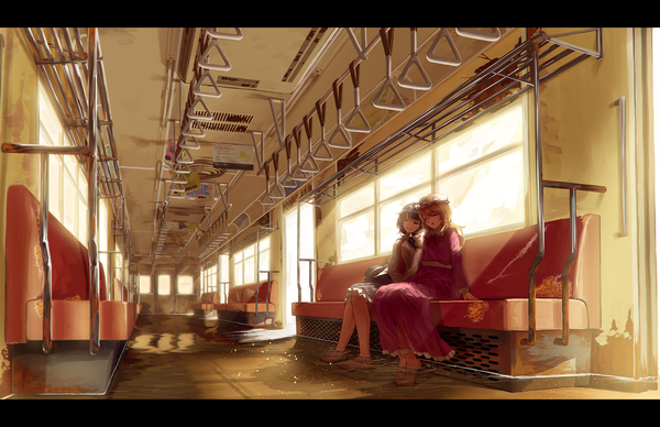 Anime picture 1937x1254 with touhou usami renko maribel hearn berabou long hair fringe highres open mouth blonde hair smile brown hair sitting multiple girls eyes closed long sleeves barefoot sunlight letterboxed sleeping frilly skirt