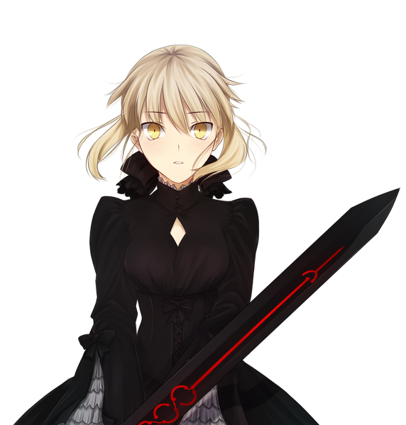 Anime picture 1430x1500 with fate (series) fate/stay night studio deen type-moon artoria pendragon (all) saber saber alter tusia (malta) single tall image fringe breasts blonde hair holding yellow eyes transparent background girl dress ribbon (ribbons) bow