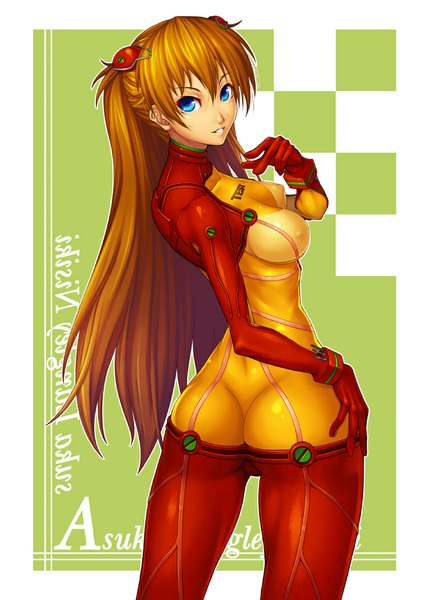 Anime picture 752x1052 with neon genesis evangelion rebuild of evangelion gainax soryu asuka langley shikinami asuka langley aka (shoumae) single long hair tall image blue eyes light erotic brown hair ass looking back girl hair ornament bodysuit pilot suit