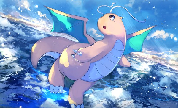 Anime picture 1652x1000 with pokemon nintendo dragonite pippi (pixiv 1922055) single open mouth wide image sky cloud (clouds) sunlight :o looking up flying no people fantasy gen 1 pokemon sea dragon wave (waves)