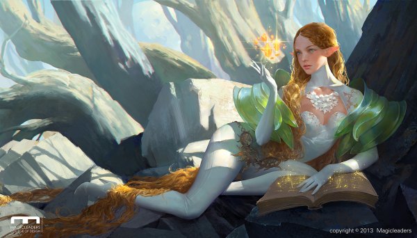 Anime picture 1200x684 with original 73 (pixiv) single wide image green eyes very long hair pointy ears orange hair inscription high heels magic elf reclining girl plant (plants) tree (trees) choker book (books) bodysuit