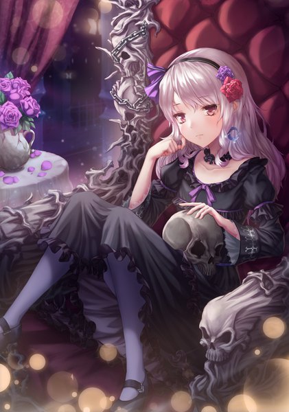 Anime picture 2500x3564 with original chyopeuteu single long hair tall image blush fringe highres hair between eyes red eyes sitting looking away silver hair lens flare lolita fashion goth-loli playing with hair hair twirling girl dress