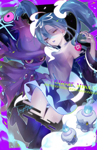 Anime picture 3160x4876 with pokemon vocaloid nintendo project voltage hatsune miku mismagius ghost miku (project voltage) litwick tsuyutya single tall image looking at viewer fringe highres open mouth hair between eyes twintails signed yellow eyes absurdres
