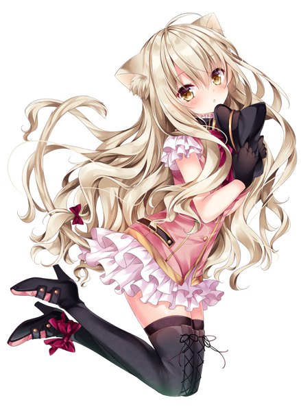 Anime picture 700x956 with original nogi takayoshi single long hair tall image looking at viewer blush fringe blonde hair simple background hair between eyes white background holding animal ears yellow eyes full body ahoge parted lips head tilt cat ears