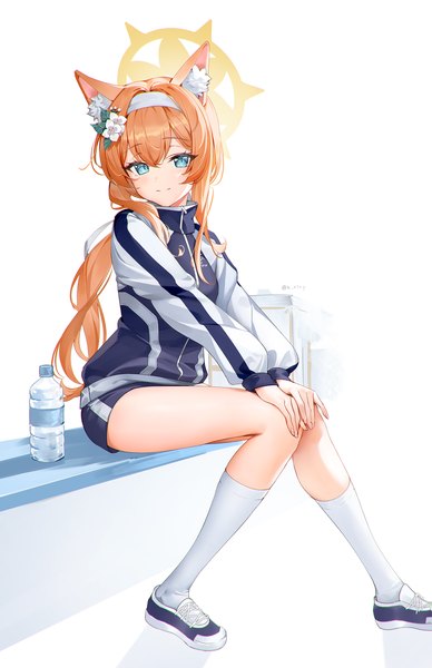 Anime picture 1500x2319 with blue archive mari (blue archive) mari (gym uniform) (blue archive) rity single long hair tall image looking at viewer fringe blue eyes simple background hair between eyes white background animal ears full body hair flower orange hair official alternate costume low ponytail girl