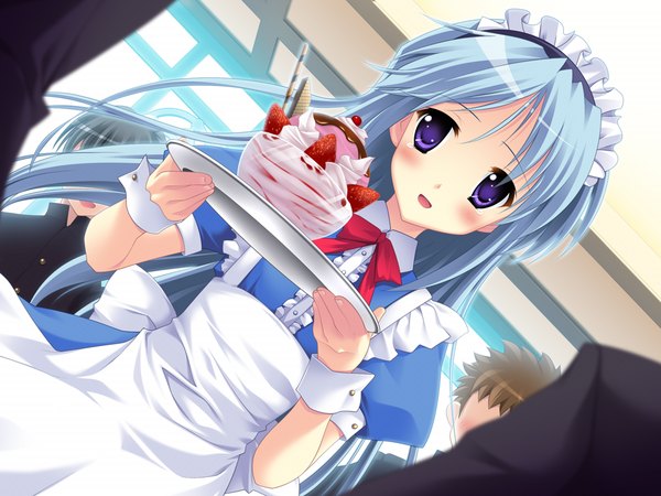 Anime picture 1024x768 with a.g.ii.d.c. shinpei long hair blush purple eyes blue hair game cg maid girl food sweets ice cream