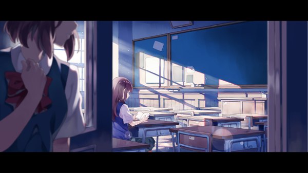 Anime picture 2500x1406 with original cheese kang long hair highres short hair wide image standing sitting multiple girls signed looking away purple hair indoors sunlight depth of field lens flare letterboxed head out of frame classroom reading