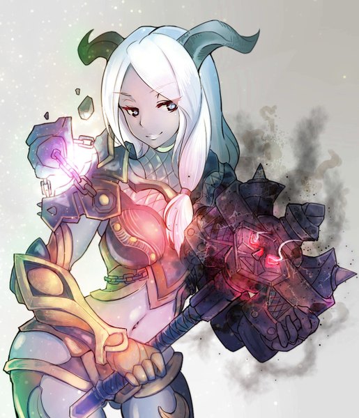 Anime picture 1200x1396 with world of warcraft blizzard entertainment draenei 33 (mkiiiiii) single long hair tall image light erotic simple background white hair horn (horns) light smile grey background silver eyes girl navel weapon armor axe