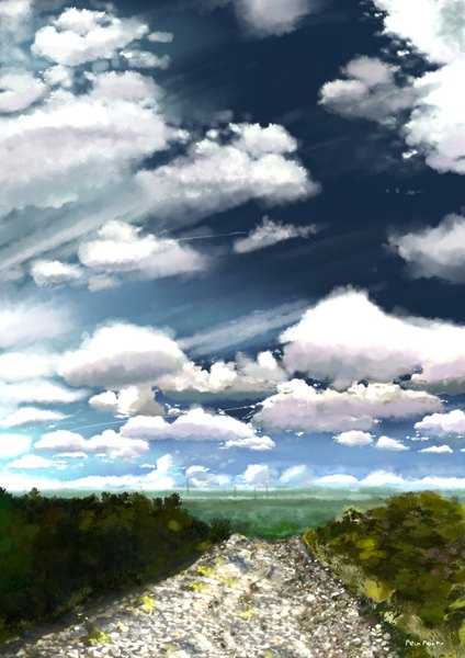 Anime picture 2480x3508 with original ngomoi tall image highres sky cloud (clouds) no people landscape nature plant (plants) water grass road