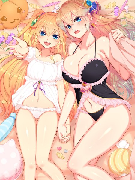 Anime picture 900x1200 with original tamabon (koutetsu shabondama) long hair tall image looking at viewer fringe breasts open mouth blue eyes light erotic blonde hair smile hair between eyes large breasts bare shoulders multiple girls bent knee (knees) ass lying braid (braids)
