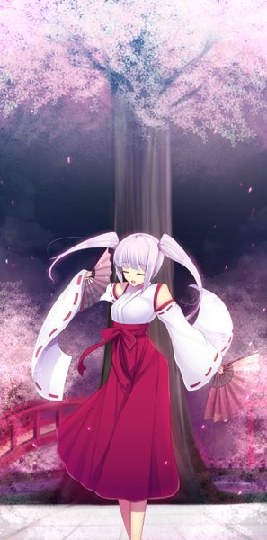Anime picture 800x1613 with original daiaru single long hair tall image open mouth twintails purple hair eyes closed traditional clothes japanese clothes cherry blossoms miko girl plant (plants) petals tree (trees) fan torii bridge
