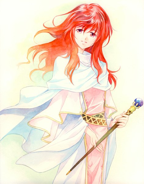 Anime-Bild 787x1001 mit fire emblem fire emblem: mystery of the emblem nintendo lena (fire emblem) agahari single long hair tall image looking at viewer simple background red eyes white background red hair traditional clothes light smile traditional media watercolor (medium) girl staff