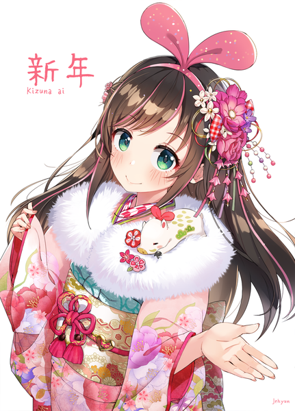 Anime picture 1000x1391 with virtual youtuber a.i. channel kizuna ai jehyun single long hair tall image looking at viewer blush fringe simple background smile brown hair standing white background green eyes signed payot traditional clothes japanese clothes