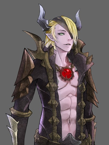 Anime picture 1024x1363 with tera online cain veleno kanoir single tall image looking at viewer short hair light erotic simple background blonde hair green eyes upper body parted lips horn (horns) pointy ears grey background open jacket muscle boy navel