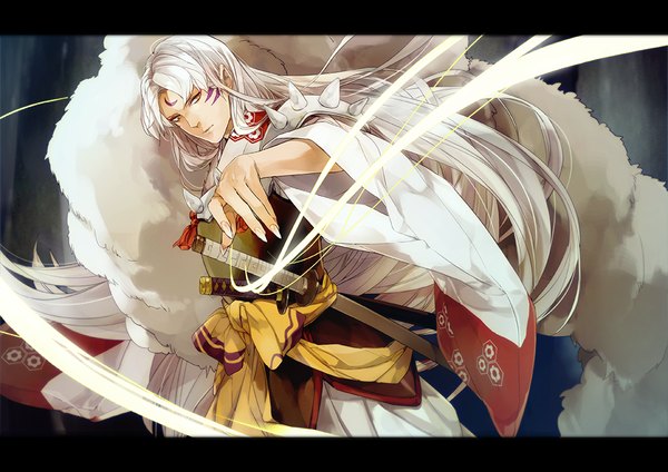 Anime picture 1000x708 with inuyasha sesshomaru takamura single long hair looking at viewer standing yellow eyes white hair very long hair traditional clothes japanese clothes fingernails pointy ears magic facial mark glowing letterboxed long fingernails eyeshadow
