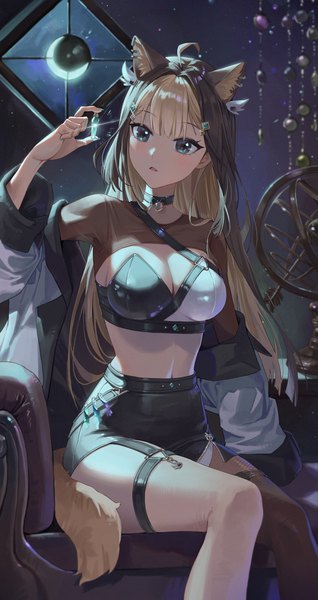Anime picture 3347x6314 with virtual youtuber indie virtual youtuber aluei (vtuber) sssong aa single long hair tall image blush fringe highres breasts open mouth blue eyes light erotic blonde hair large breasts sitting holding animal ears looking away